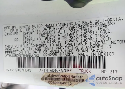 2009 Toyota Tacoma Prerunner V6 z USA, uszkodzony, nr VIN 3TMJU62N79M086762
